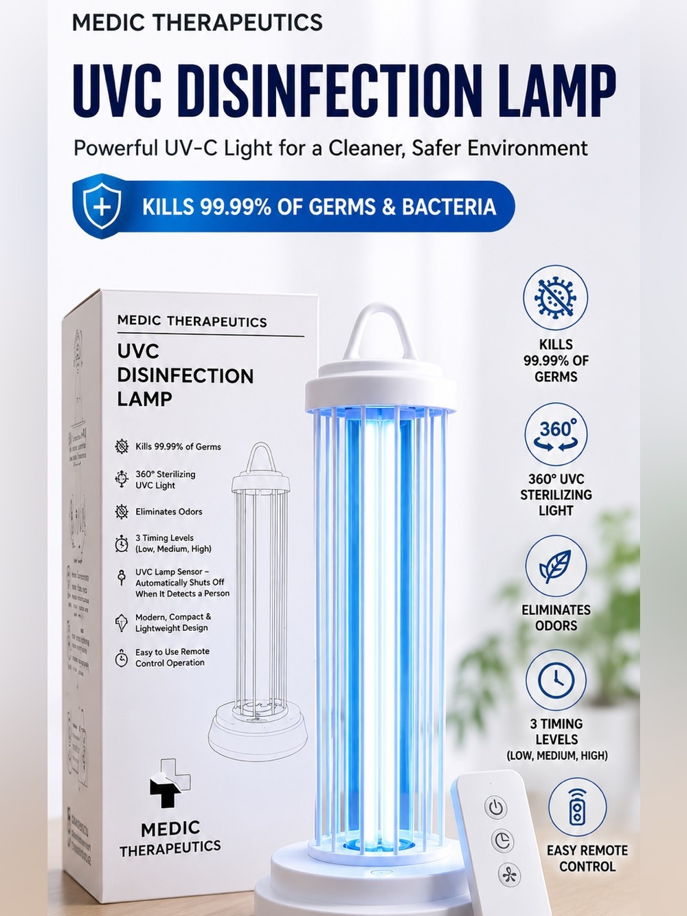 Medic Therapeutics UVC Disinfection Lamp w/ Remote NEW IN BOX